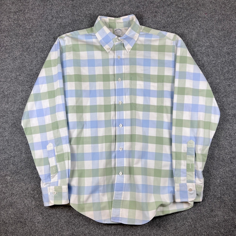 Vintage Brooks Brothers Shirt Mens L Green Blue OCBD Italian Fabric Made in USA - Picture 2 of 10